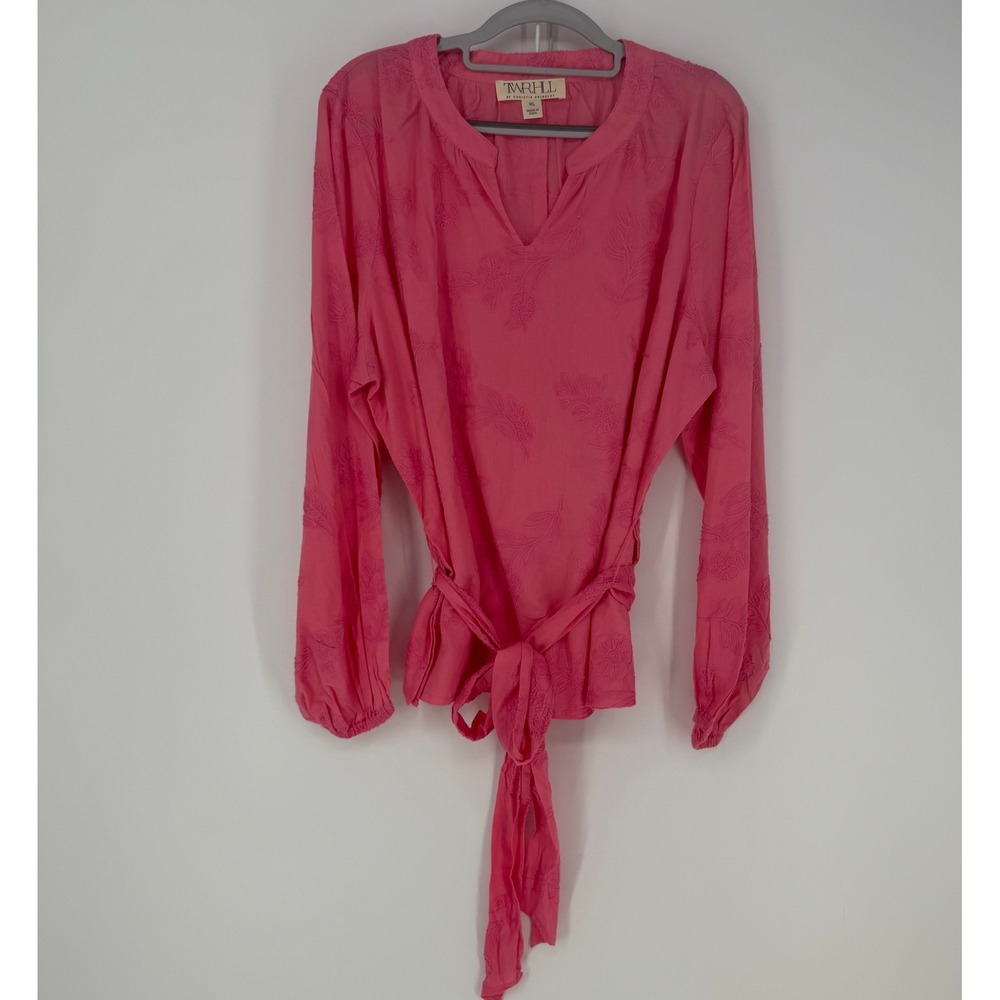 TWRHLL Christie Brinkley Blouse Womens XL Pink Embroidered Tie Waist Boho Top - Picture 1 of 10